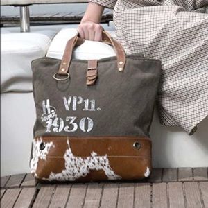Myra Bag-Vintage 1930 White print canvas/leather cowhide tote bag- NWT LAST 1!